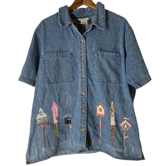 The Quacker Factory Chambray Top Womens Sz 1X Birdhouse Novelty Print - Picture 1 of 10